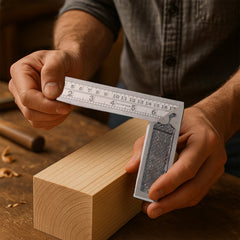 Close-up of Metal Try Square with Etched Measurements