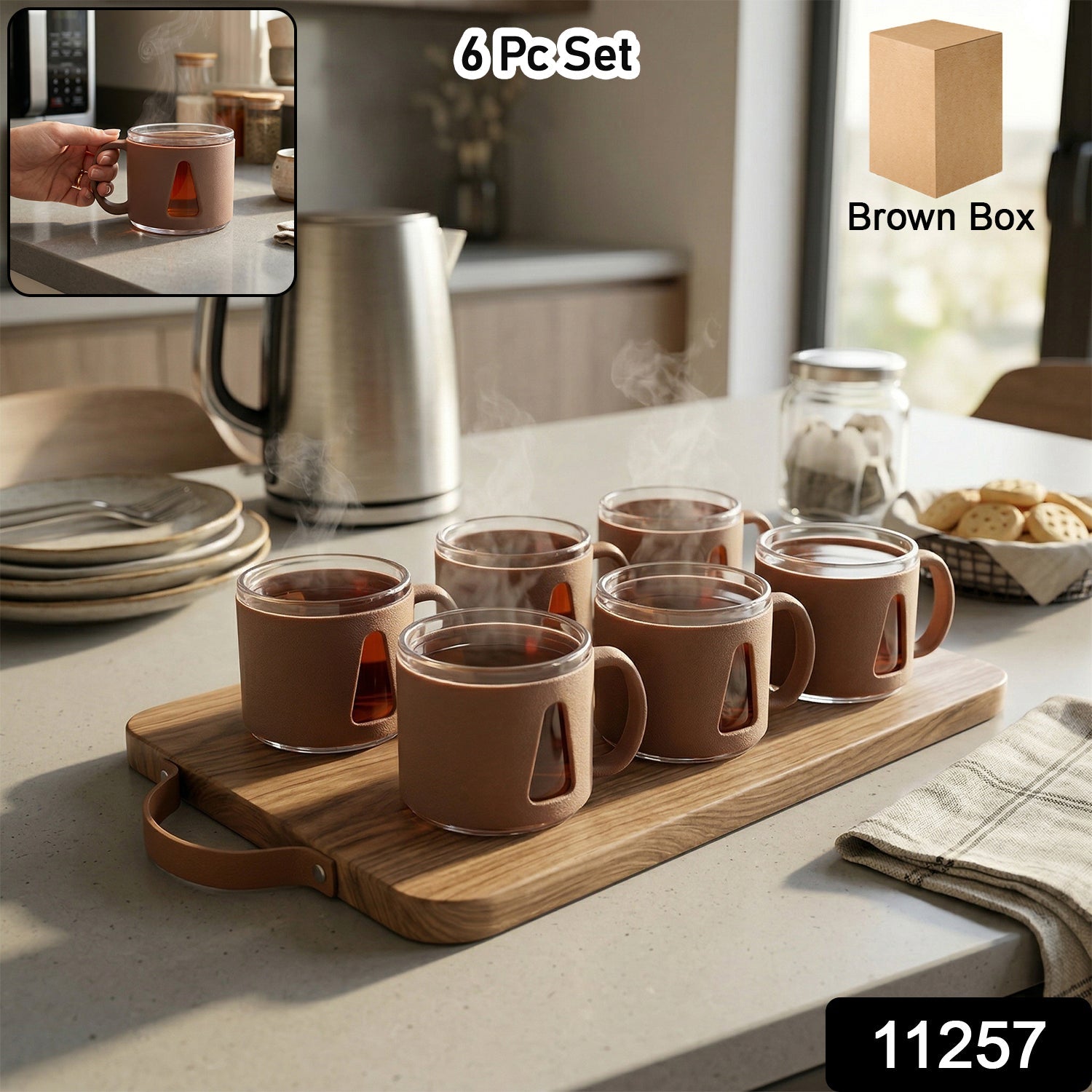 Set of six ceramic tea cups with handles arranged neatly