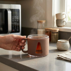 Close-up of round ceramic tea cup with handle