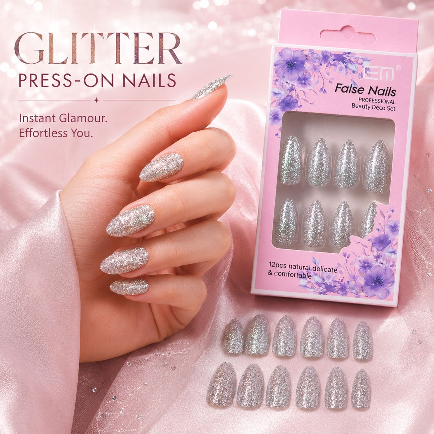 Glitter press-on false nails set with mixed colors and designs