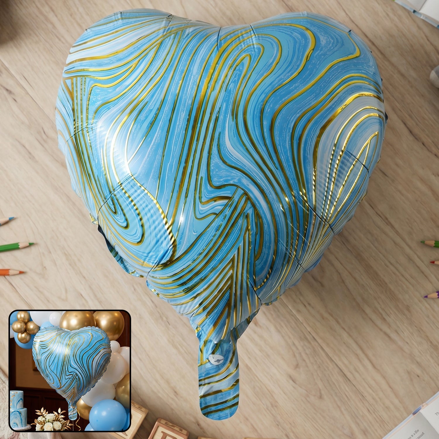 Blue marble heart foil balloon