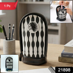 Zipper pencil pouch standing upright on desk