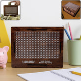 Wooden piggy bank money box with carved design front view