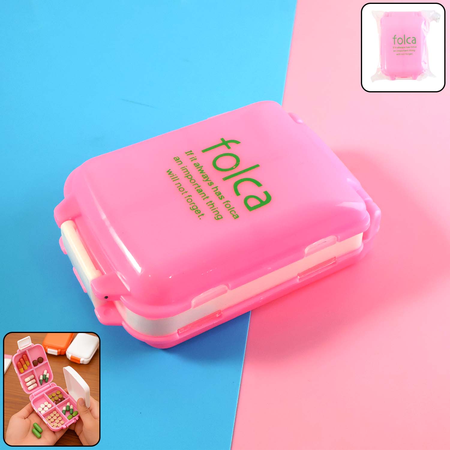 Portable pink dual-sided pill organizer box closed