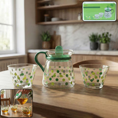 Elegant glass tea kettle with polka dot design