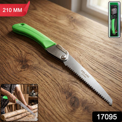 Close-up of sharp stainless steel blade on folding saw for wood and branches