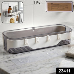 Clear plastic wall shelf with hooks, organized bathroom essentials
