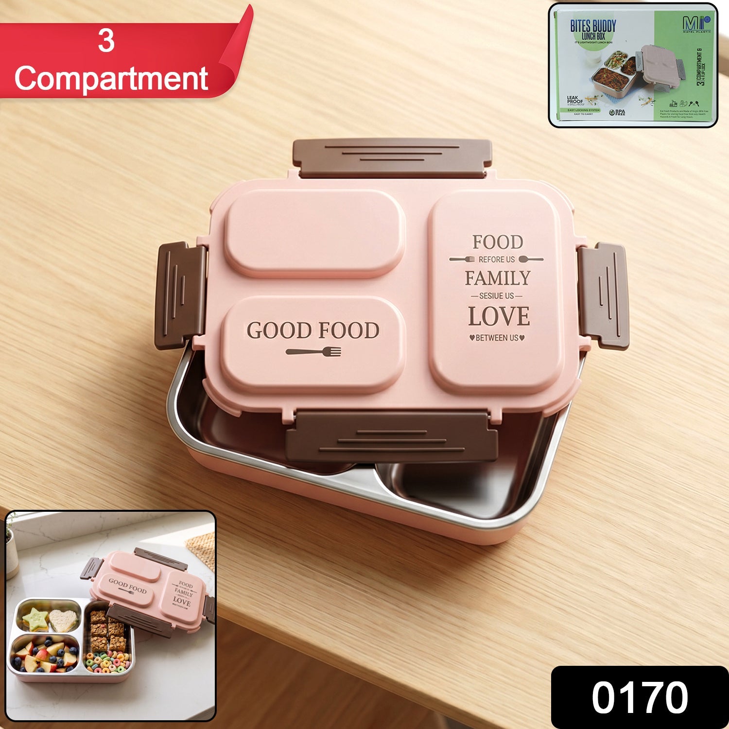Lunch box opened showing compartments with food