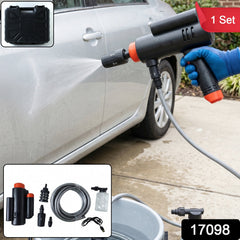 Complete cordless car washer kit including spray gun, hose, foam bottle, and carry case.