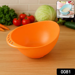 Person holding plastic rice washing bowl strainer with water