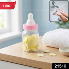 Soap paper sheets packaged in baby bottle container with sheets displayed