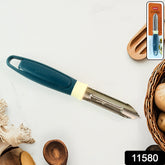 Close up of Apex peeler showing tough serrated blade and ergonomic handle