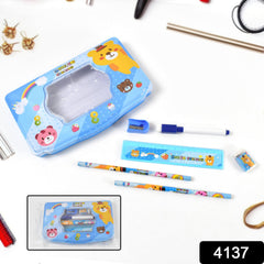 Metal compass box with stationery items displayed