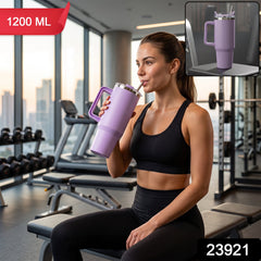 Purple stainless steel tumbler with carry handle and straw