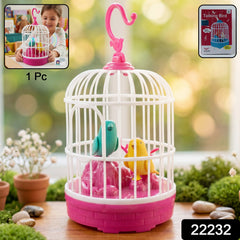 Kids interacting with a bright, colorful talking bird cage toy, perfect for age 3 and above.