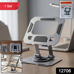 Adjustable metal stand supporting a tablet & phone