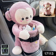 Plush monkey car dustbin and tissue holder for interior organizing