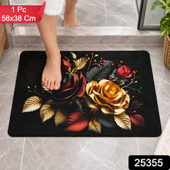 A person's bare feet step onto a black bath mat with decorative red and gold roses, highlighting the 58x38 cm size.