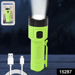 Compact USB rechargeable flashlight with clamp attached to belt