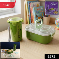 Top view of multi-functional lunch box with compartments and tumbler