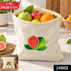 Cream cotton storage bag with a guava print, filled with fresh fruit, with a small inset image.