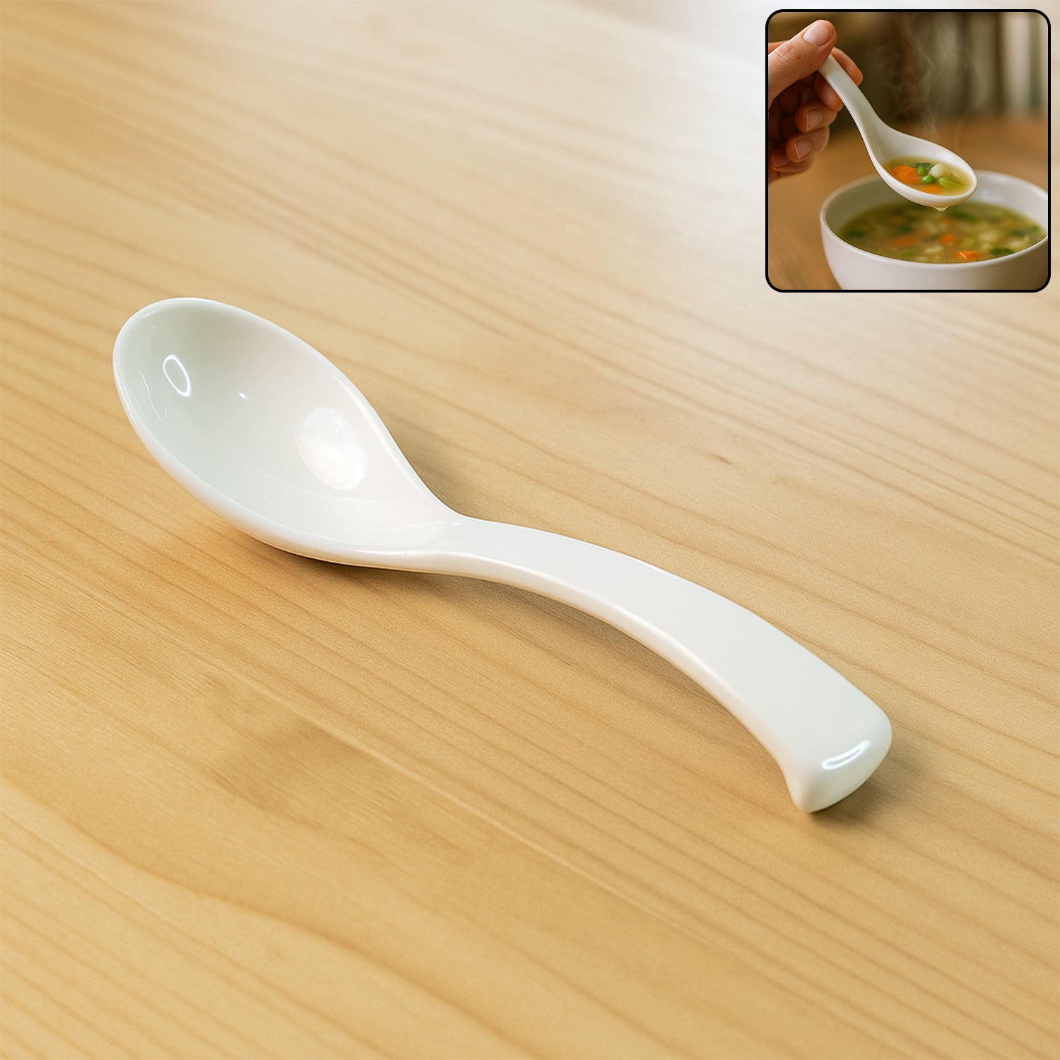 Plastic soup spoon with deep bowl and ergonomic handle