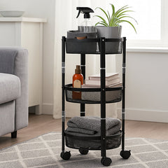 Space-Saving 3-Tier Round Trolley with Metal Mesh