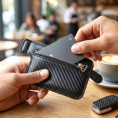 Close-up of phone holder wallet with zipper pocket attached to phone