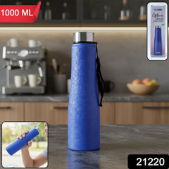 Close-up of blue stainless steel water bottle