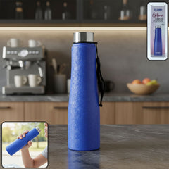 Blue stainless steel water bottle with carry strap