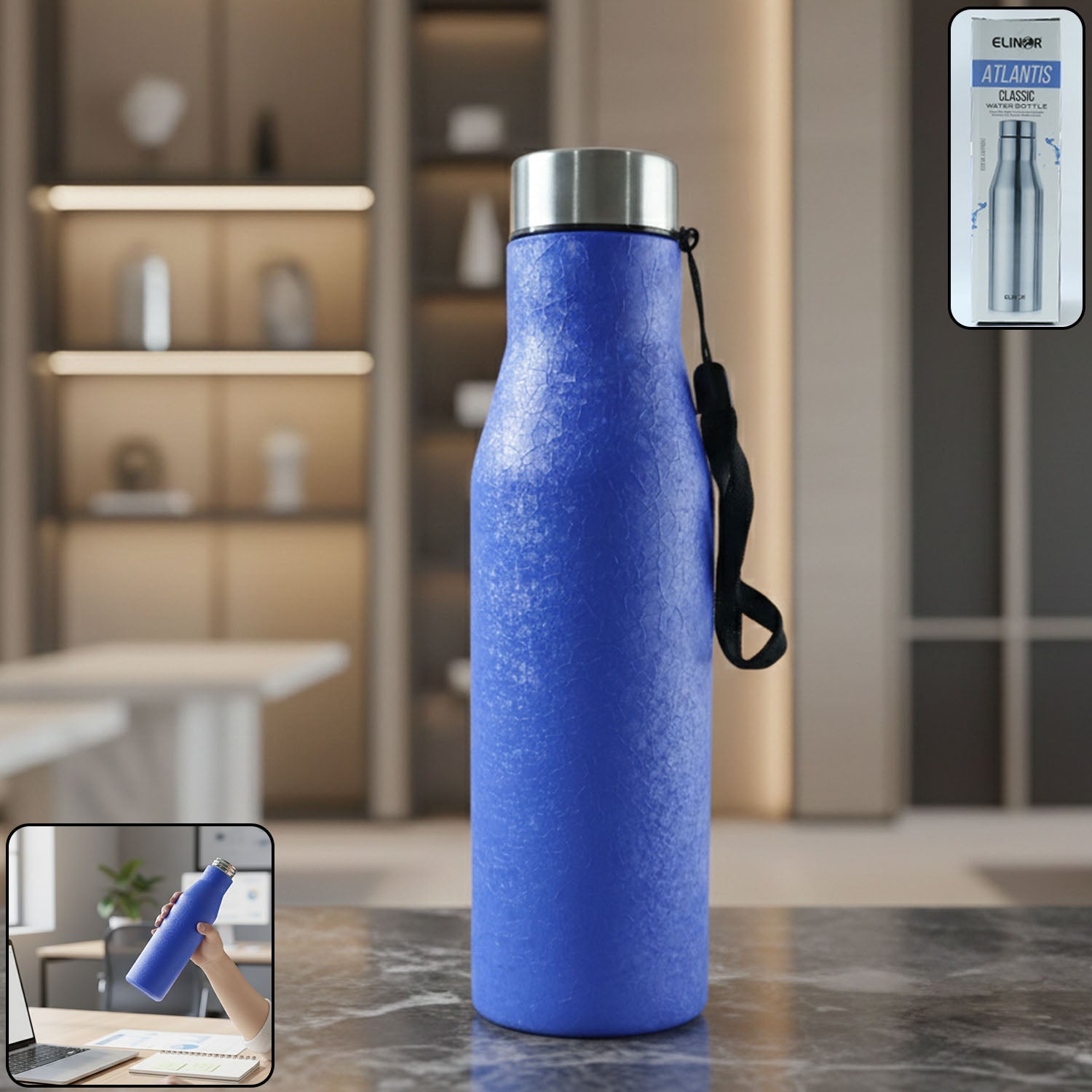 Blue stainless steel travel water bottle with carry strap