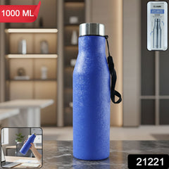 Blue stainless steel water bottle upright