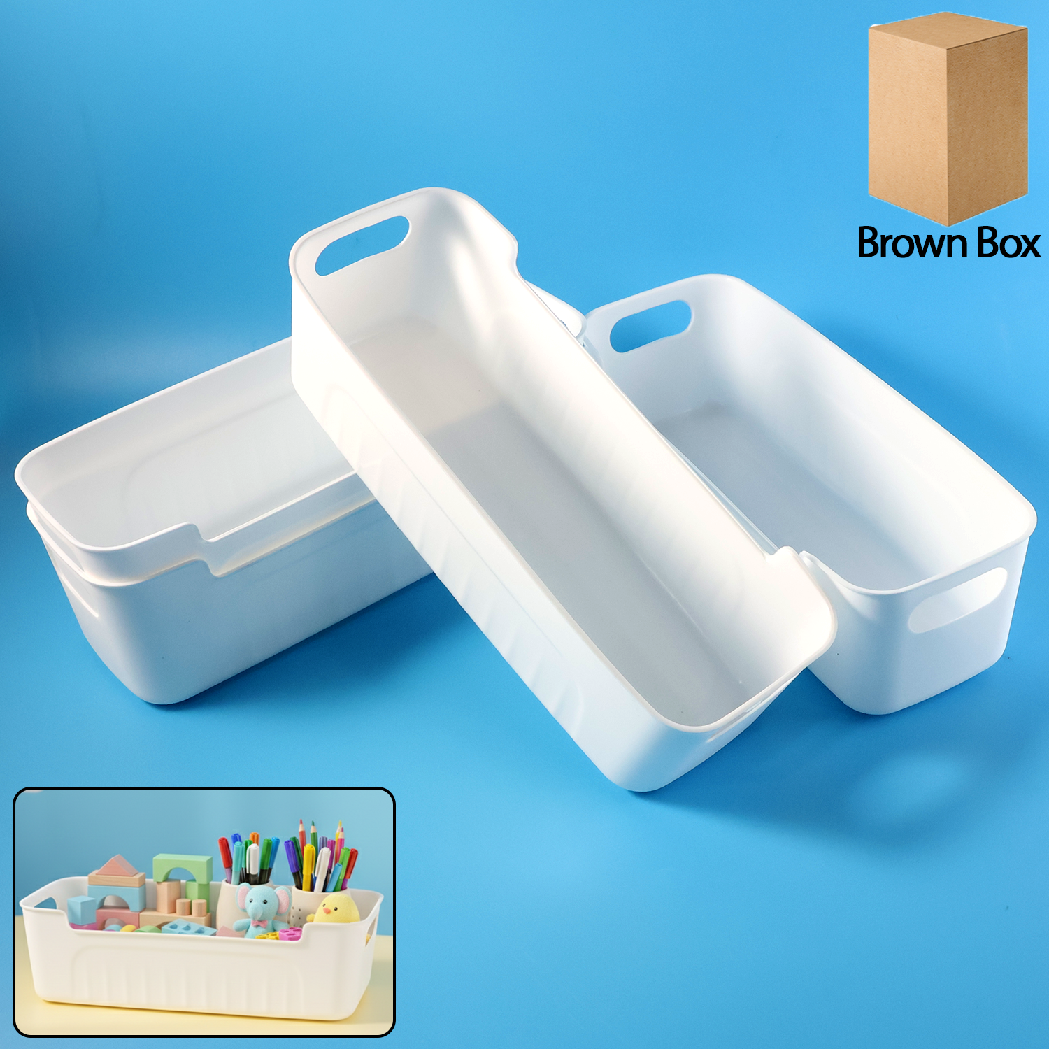 White plastic stackable storage basket set