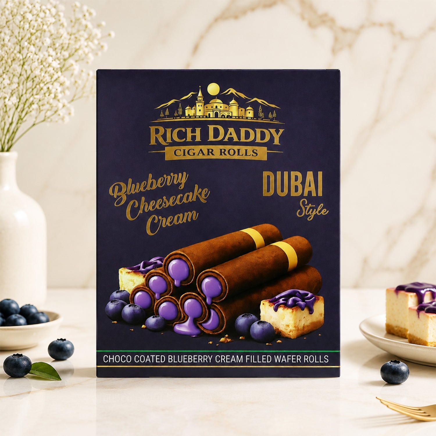 A dark purple box for Rich Daddy Cigar Rolls with blueberry cheesecake cream flavor, featuring illustrations of wafer rolls,