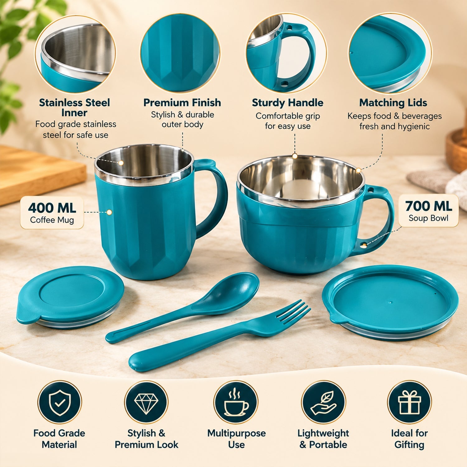 Apex Midnight Gift Set with 400ml Mug, 700ml Soup Bowl, Lids, Spoon and Fork