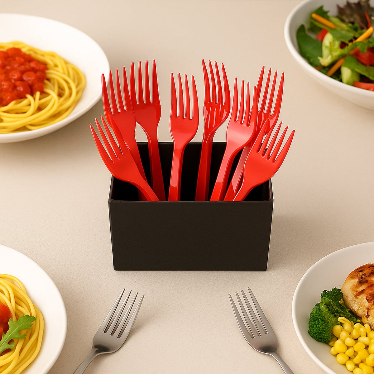 Premium red disposable plastic forks pack of 8