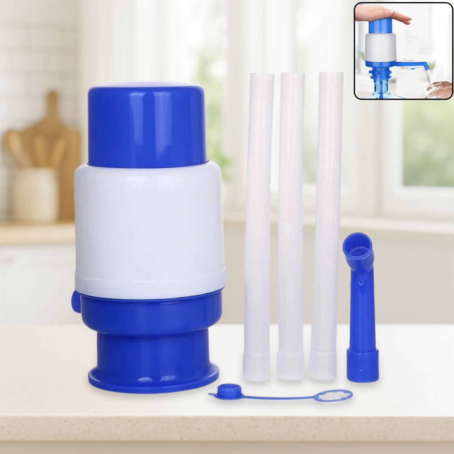 Hand press water pump dispenser on a water bottle.