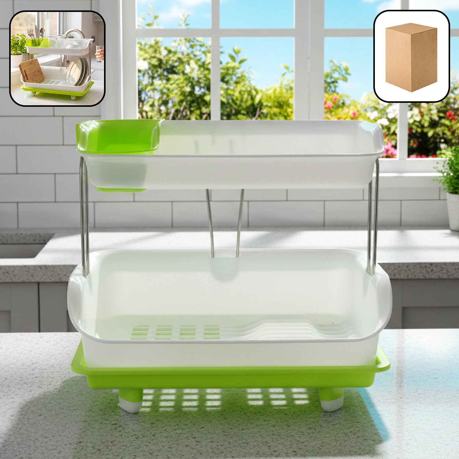2 layer kitchen dish drying rack with drain tray
