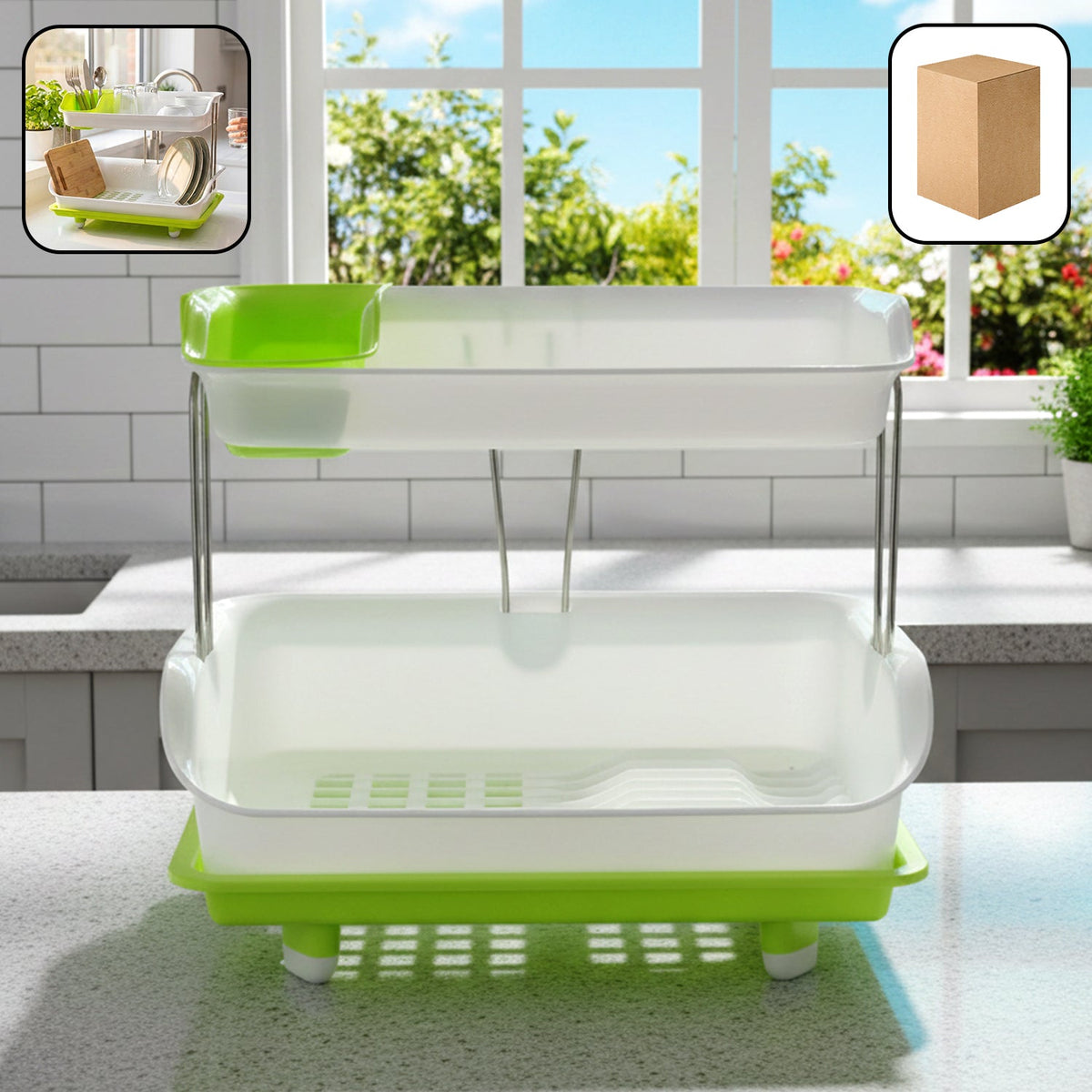 2 layer kitchen dish drying rack with drain tray