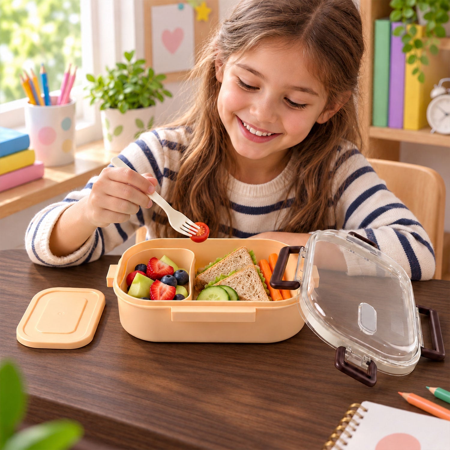 A smiling girl eats fruit from a peach-colored lunchbox with a clear lid, containing sandwiches and vegetables.