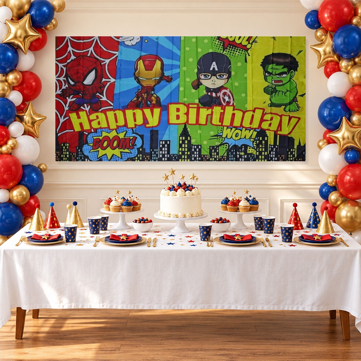 Cartoon superhero Happy Birthday backdrop above a decorated cake table