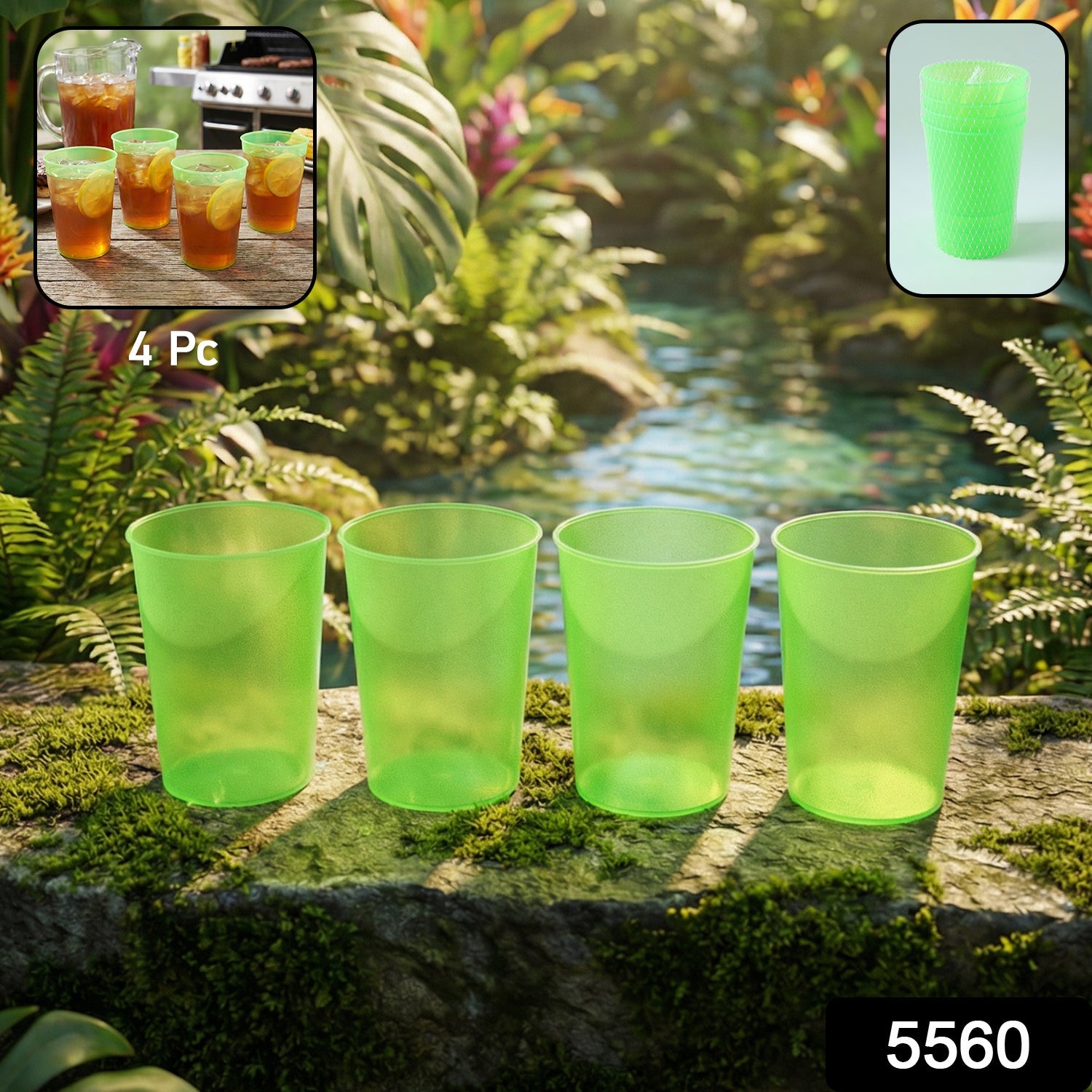 Stacked reusable plastic drinking tumblers showing clear design