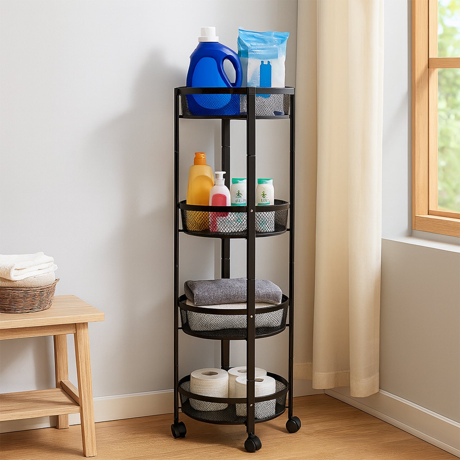 Black metal folding storage cart with mesh baskets