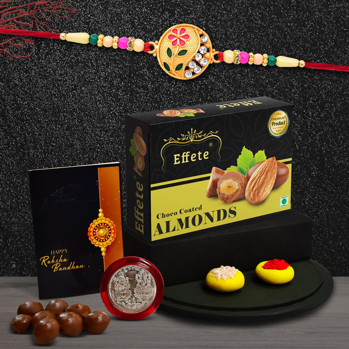 (K1_507_CA32) Rakhi Combo with Chocolate Almonds 32gm| Rakhi for brother with gift | Fancy Rakhis for men stylish |rakhi combo for brother | Set of 1 Rakhi | Chocolate |