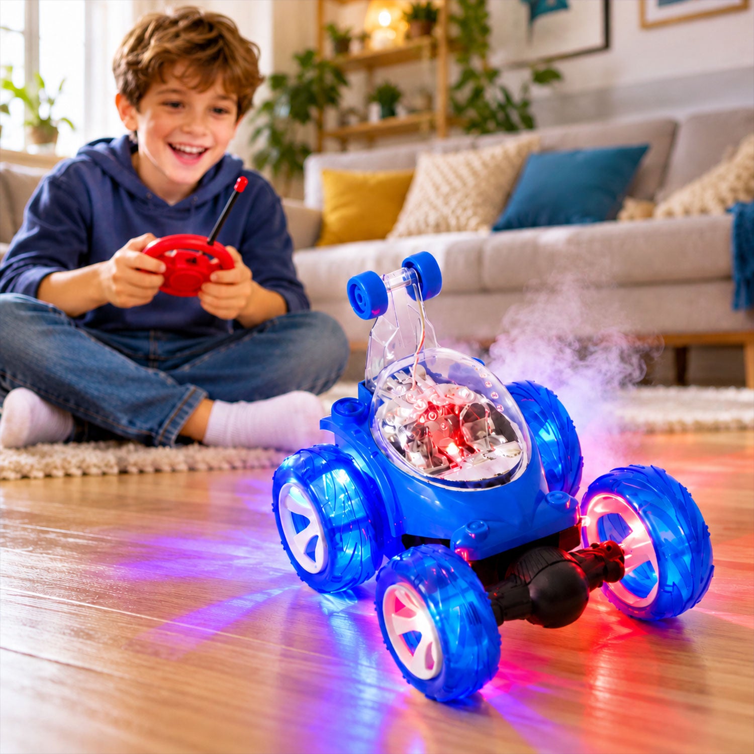 A smiling boy operates a blue remote control stunt car with glowing wheels and a misty spray effect.
