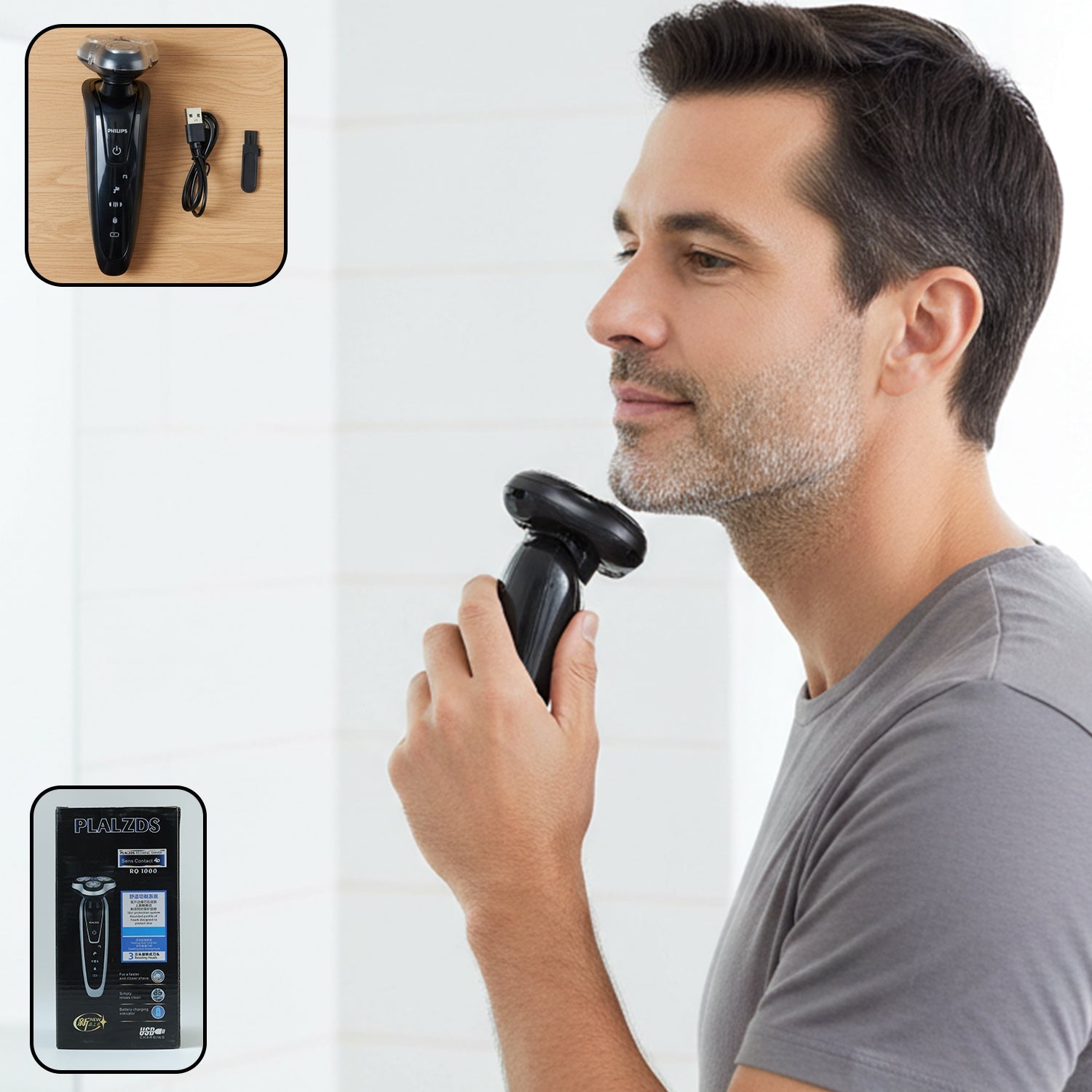 Rechargeable electric rotary shaver with 3D floating head