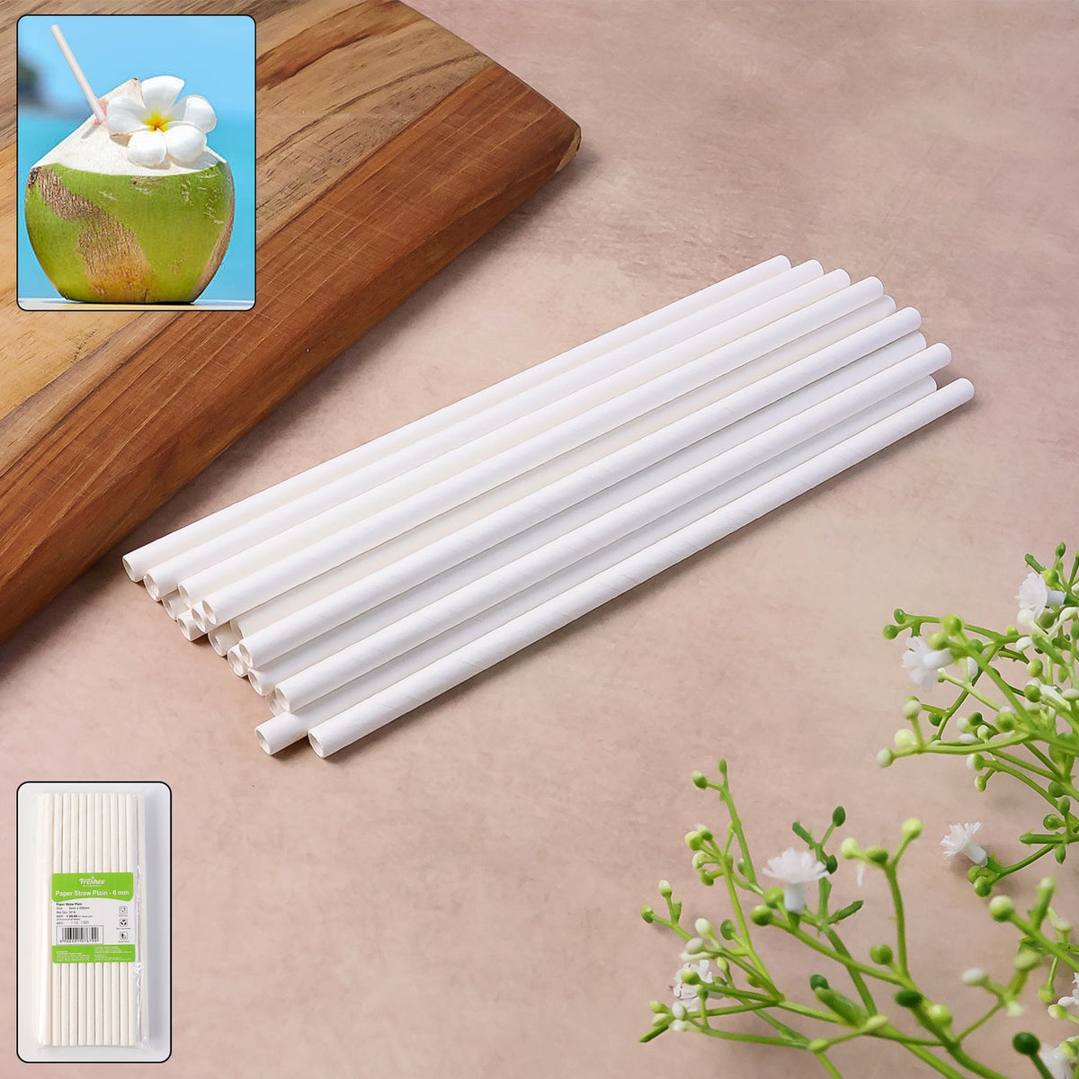 Paper Straw – Plain 6 mm Diameter, 200 mm Length, 50 Pcs Pack