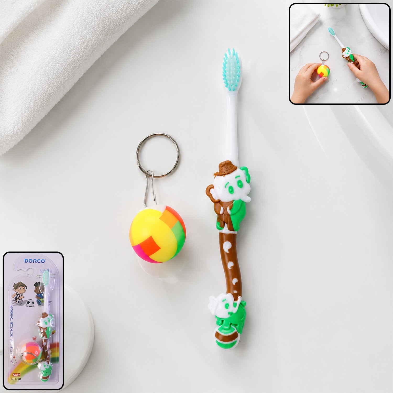 Kids toothbrush and ball toy set in colorful cartoon packaging