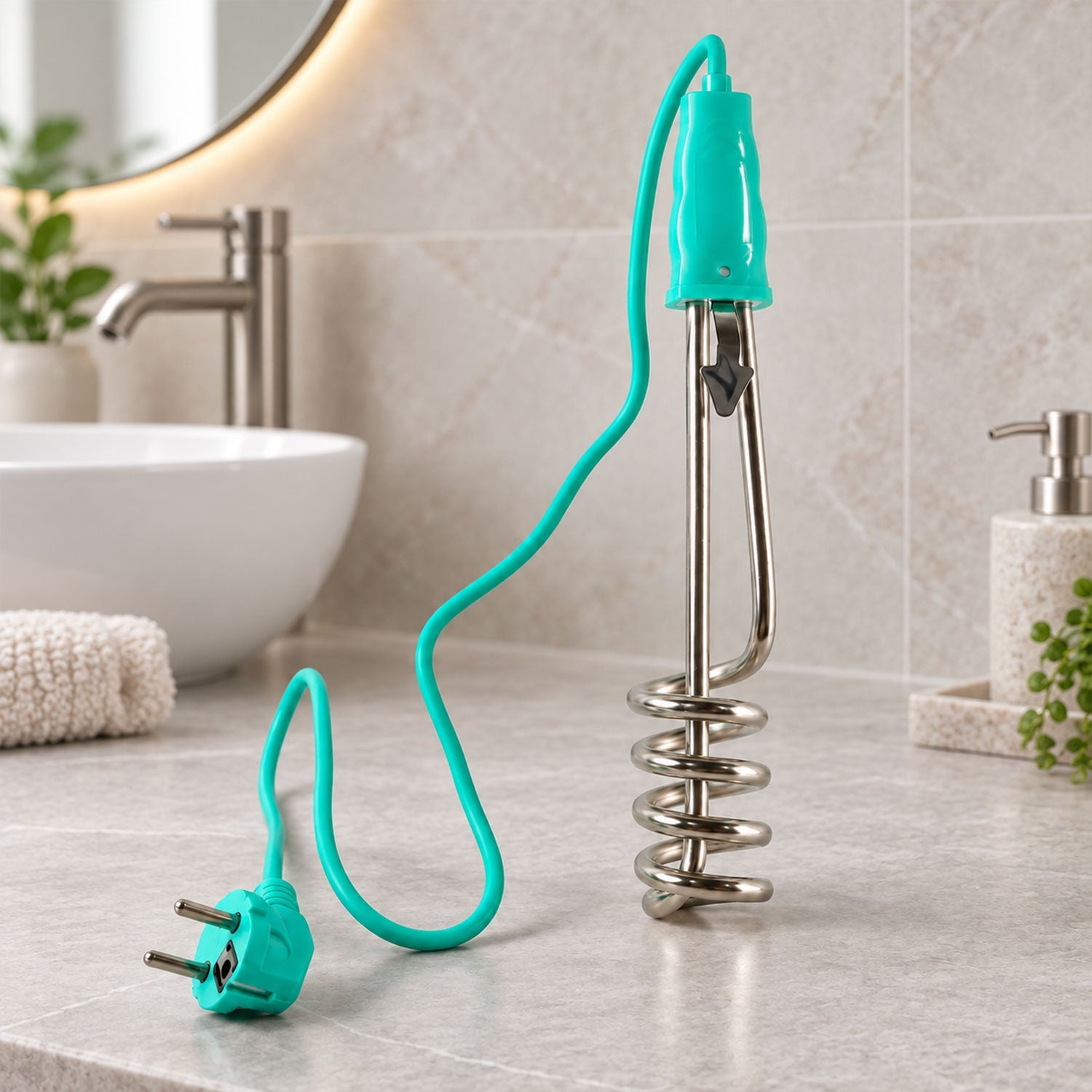 A teal and silver electric immersion water heater rod is positioned on a modern bathroom countertop next to a sink.