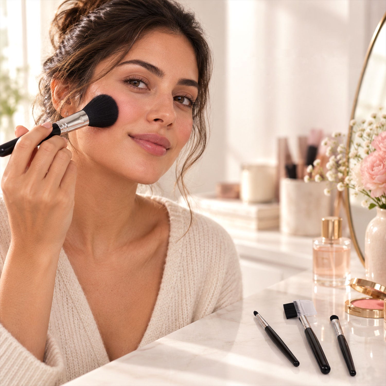 A woman applies blush with a large black and silver makeup brush, with three other brushes and a mirror on the â€“ view 3